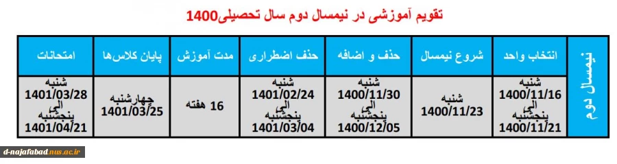 تقویم آموزشی نیمسال دوم سال تحصیلی 1400