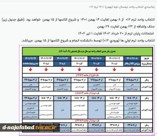 برنامه زمانبندی انتخاب واحد ترم بهمن 1401